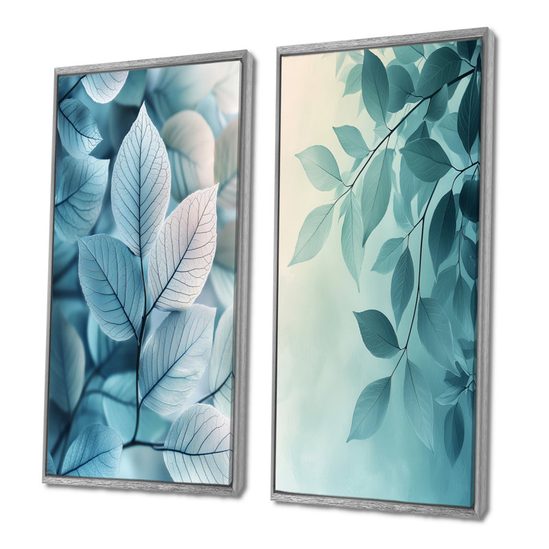 Dégradé de feuilles, minimalisme, photo I - art mural floral 2 panneaux, H 32 po x l 33 po, Encadrement argenté