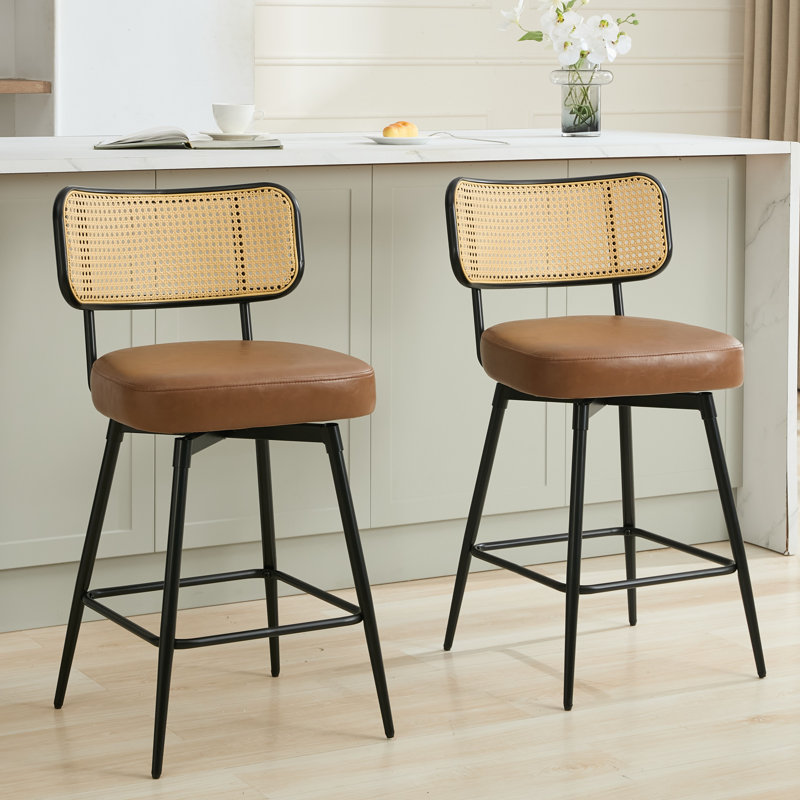 Tabourets de comptoir pivotants rembourrés avec dossier en rotin, Brun, 2
