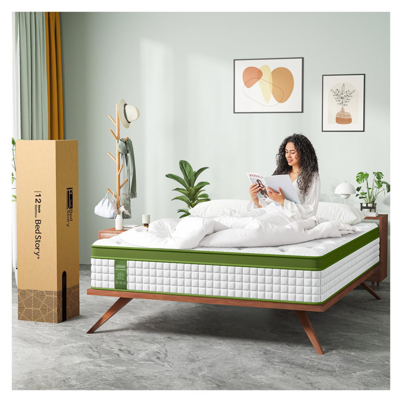 Très grand matelas hybride Bedstory de 12 pouces dans une boîte avec mousse viscoélastique imprégnée de gel et housse respirante verte