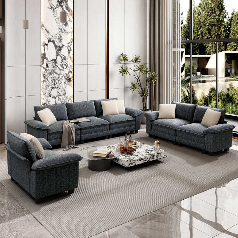 6 Piece Chenille Modular Living Room Set, Chenille Cyan