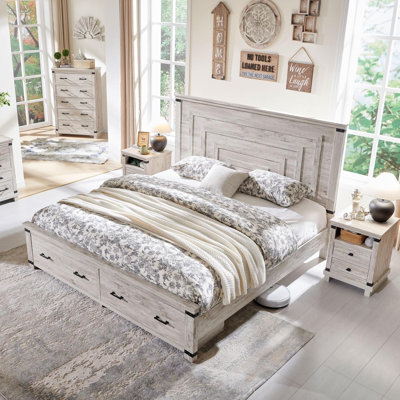 Hallerson Farmhouse Platform Bed Frame With 54"W Tall Geometric Headboard & Large Storage Space