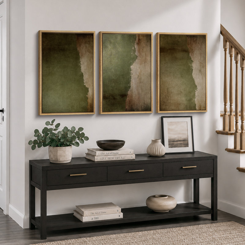 Subtile vert olive abstrait terre tons triptyque, H 36 po x l 72 po, Cadre naturel