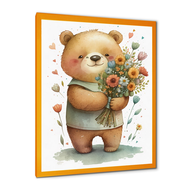 «Teddy Bear Love Hold Flowers I», reproduction sur toile, L 30 po x H 40 po, Impression dorée sur toile encadrée