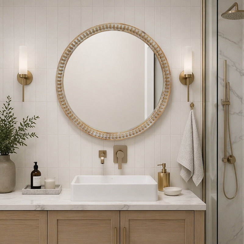 Miroir mural rond rond, miroir à cadre perlé en bois vieilli de 23,62 po pour hall d'entrée, salon, salle de bain, miroir décoratif de style maison de campagne