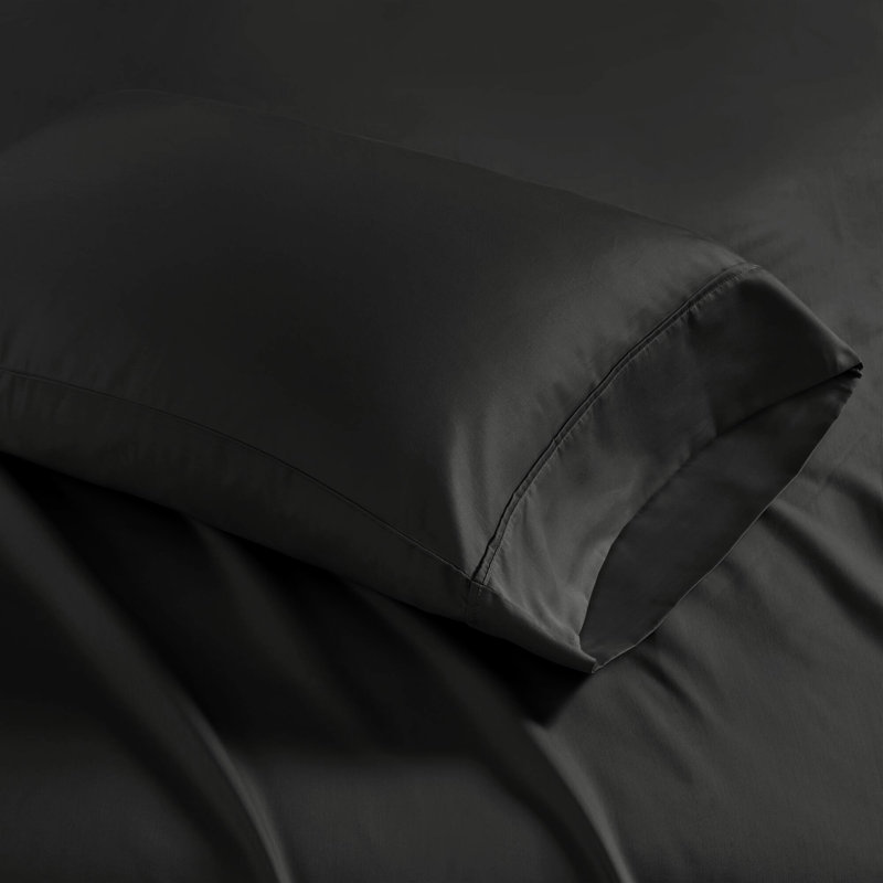 Drap-housse pour lit très grand 4 pièces - mélange de coton à densité de tissage 1500 fils, froissé, gousset ajusté jusqu'à 18 po, tissé, lavable à la machine, froissé noir, pour matelas de 18 po, 2 taies d'oreiller, draps