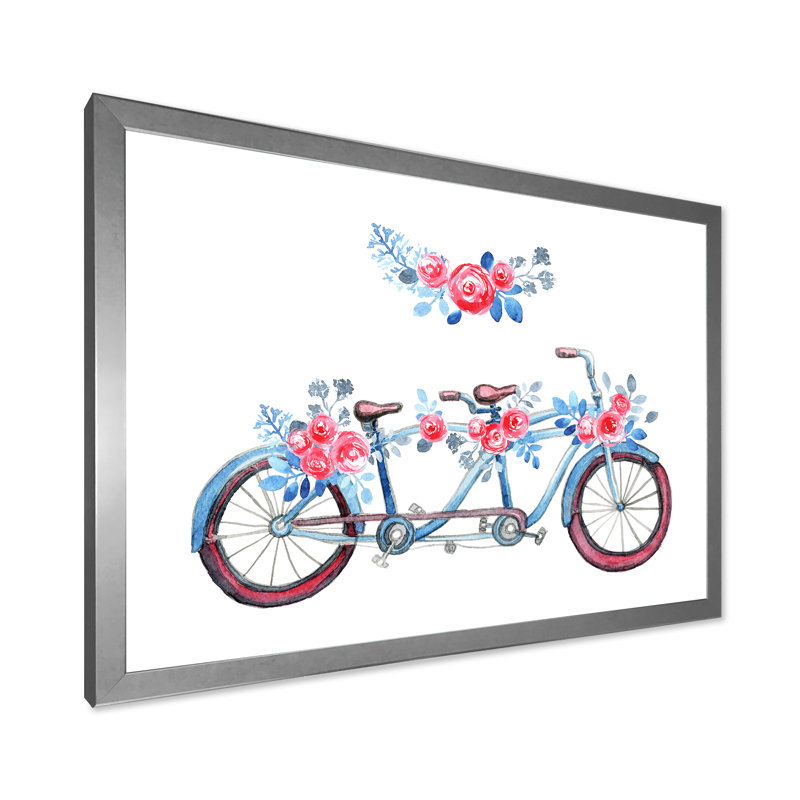 " Tandem Bicycle " Painting Print, Silver Closed Corner Frame, 30" H x 40" W x 1.5" D