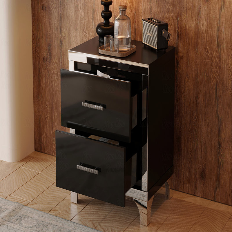 Élégante table de chevet ultrabrillante avec poignée en métal, Noir, noir, noir, noir