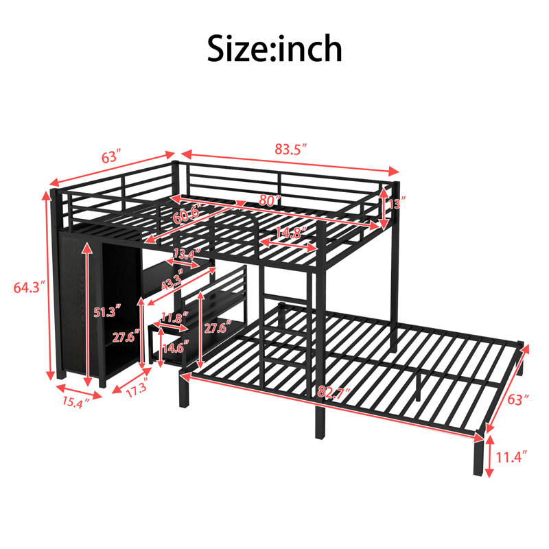 Metal Queen Over Queen Size Bunk Bed Frame With Built-In Wardrobe, Desk And Storage Chairs