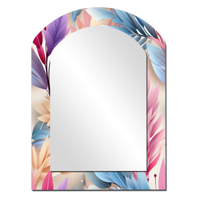 Pink And Blue Bohemian Ferns Pattern - Floral Asymmetrical Wall Mirror, Cottage Arch Decorative Mirror, Printed Metal Art