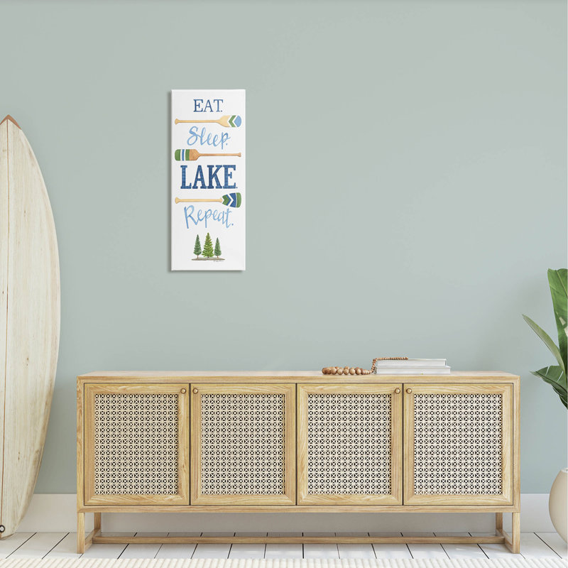 «Eat Sleep Lake Répétez Oars», estampe numérique par Deb Strain, Giclée encadrée noir minuit, H 30 po x l 13 po x P 1,5 po