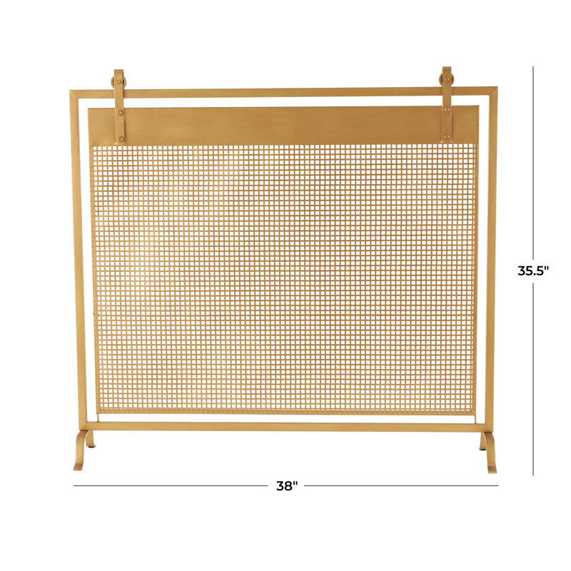 Metal Suspended Grid Single Panel Geometric Fireplace Screen with Bolted Detailing, Gold