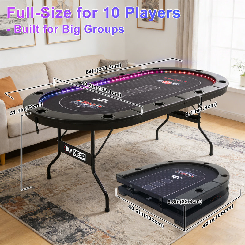 Table de poker pliante 84 po à DEL 84 po - Table Texas Hold'em pour 10 joueurs pour bar à domicile et caverne d'homme avec accoudoirs rembourrés et porte-gobelets
