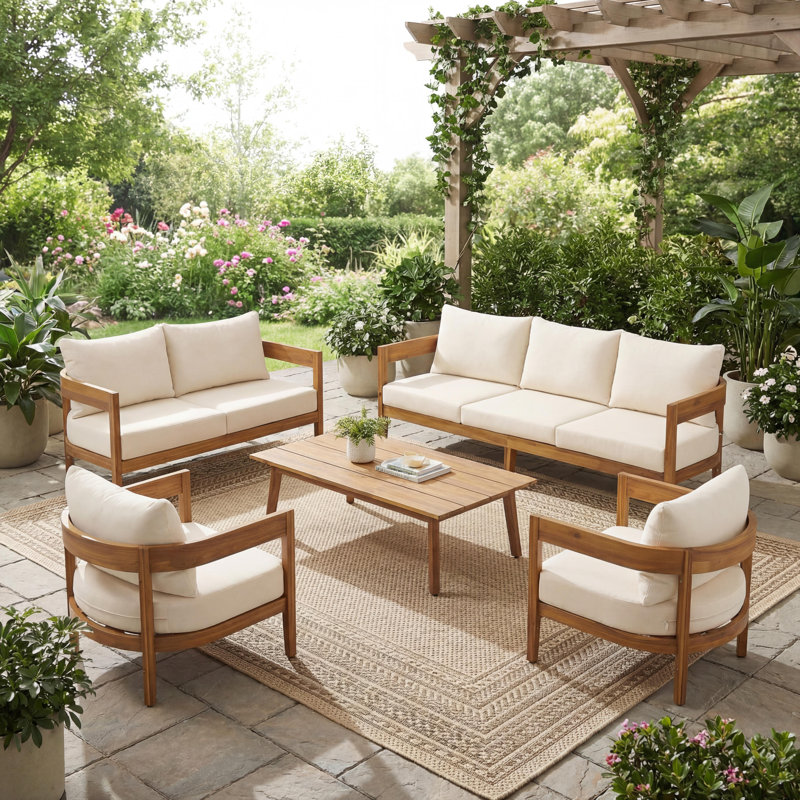 Ensemble de conversation d'extérieur 5 pièces en bois d'acacia avec coussins hydrofuges Lorene