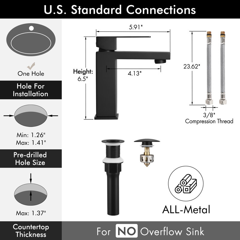 KES Black Bathroom Sink Faucet Single Hole Sink Drain Assembly cUPC Certified Stainless Steel, No Overflow, Matte Black