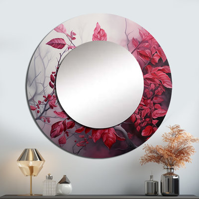 Leaves Charm In Moody Overcast II - miroir décoratif à feuilles, miroir mural rond rouge, impression d'art en métal