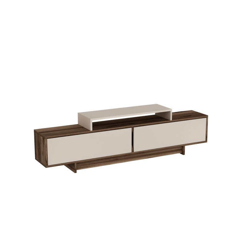Damare 180cm TV Stand with 2 Drop-Down Cabinets and Open Shelf, White/Brown/Beige