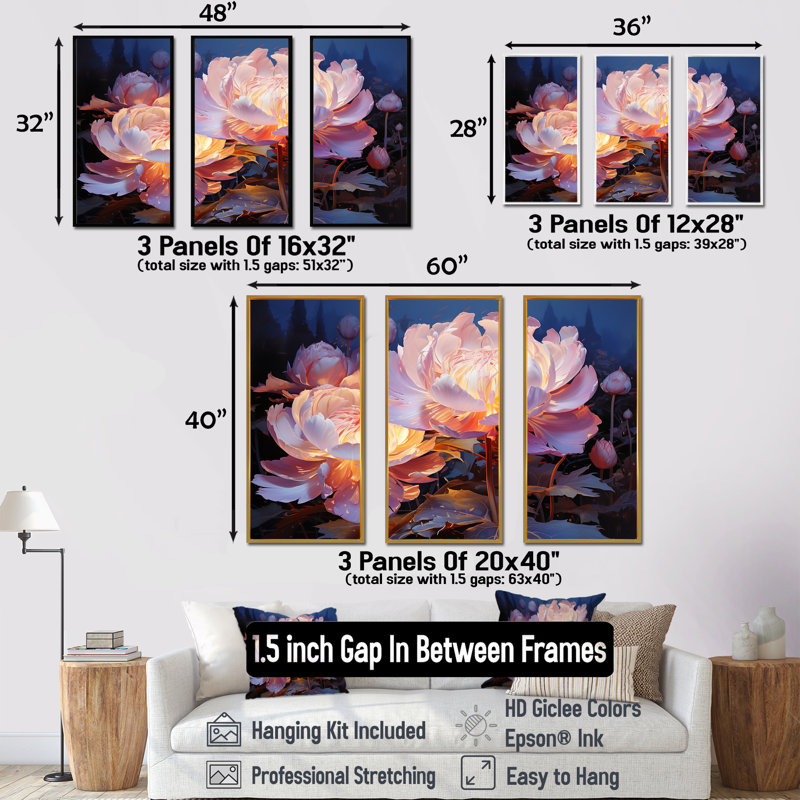 Peony Petals Elegance III - ensemble d'art sur toile pivoines, Cadre flottant doré, H 28 po x l 36 po x P 1 po