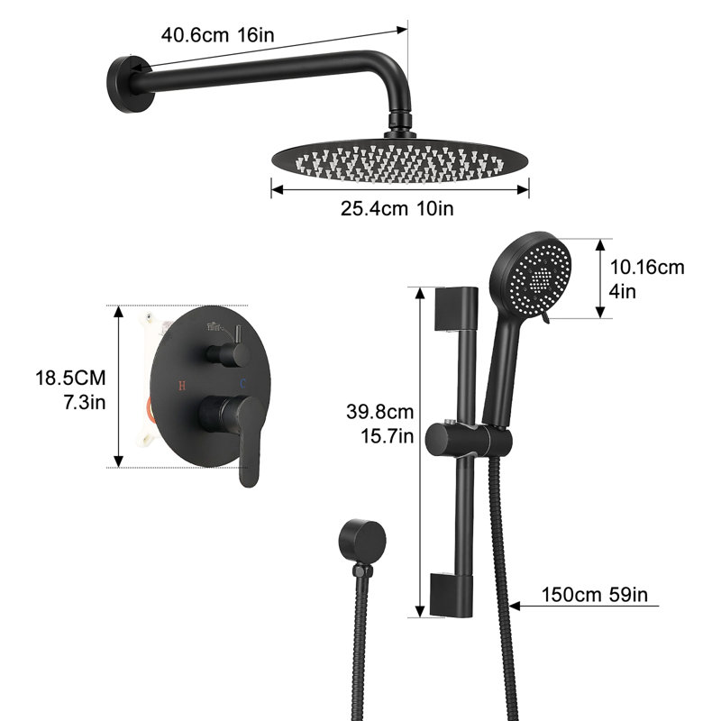 Système de douche de 10 pouces, ensembles de robinets de douche à barre coulissante, pommes de douche rondes complètes et robinet de douche mural noir mat à 5 jets
