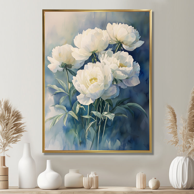 Aqua pivoines et ombres géométriques I - pivoines, art mural, H 32 po x l 24 po, Reproduction avec cadre flottant, Doré