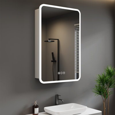 30" H X 24" W Cynethia Silver Aluminum Frame Rounded Edge Recessed/Surface Mount Medicine Cabinet with Mirror, 3 Color Dimmable Lights and Adjustable Glass Shelves for Bathroom