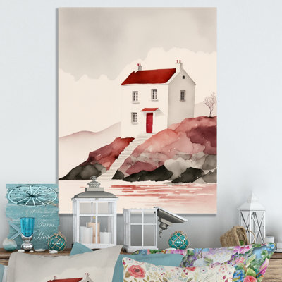 Maison blanche avec toit rouge au bord de l'eau - reproduction sur toile