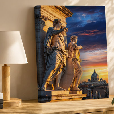 Canvas A Breathtaking View Of Ancient Roman Architecture At Sunset Featuring Wall Art Intricately Carved Marble Sculptures Of Three Canvas Wall Art