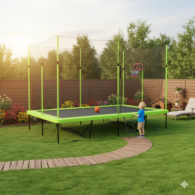 10x17-Foot Rectangular Trampoline with Green Jumping Surface, Frame Made of Black Powder-Coated Galvanized Steel Tubes, Includes Basketball Hoop Attachment and Upgraded Ladder.