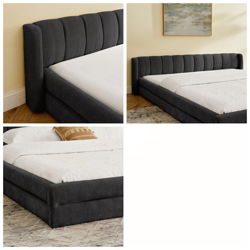 Très grande base de lit tapissier avec tissu chenille épais, tête de lit confortable et structure solide, Gris foncé