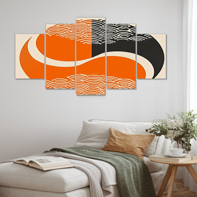 «Retro Orange Circle Waves Yin Yang», art mural géométrique sur toile 5 pièces