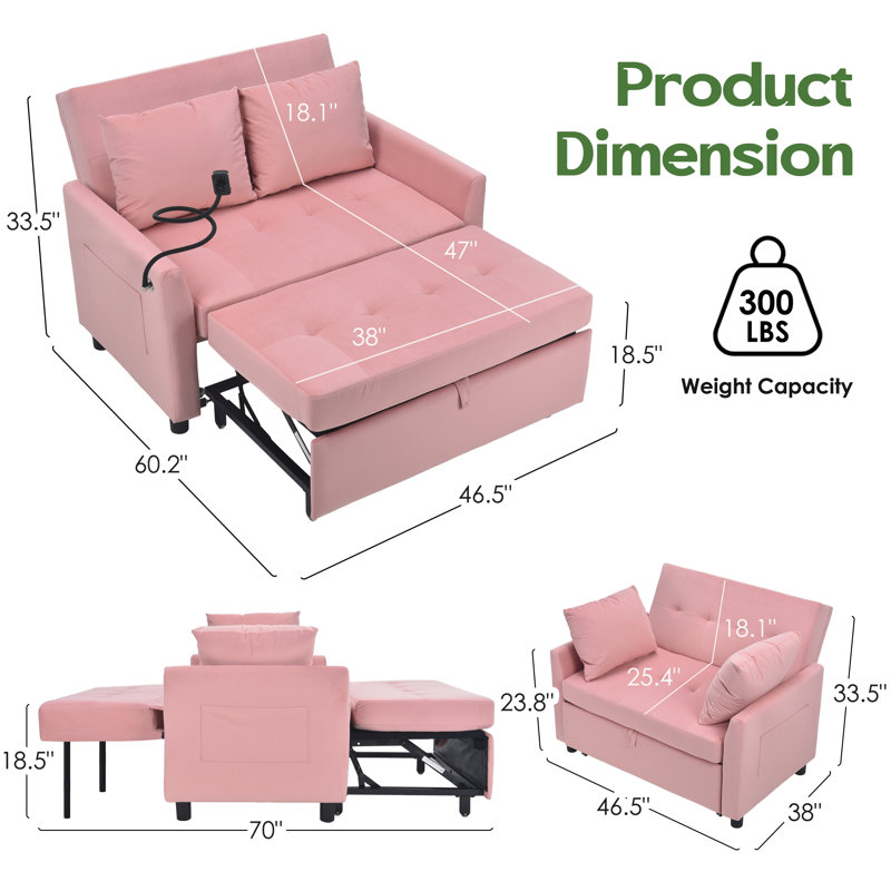 46.5“ Upholstered Pull Out Sleeper Sofa, Modern Convertible Loveseat Bed with Phone Holder & Side Pockets, Pink