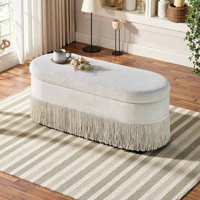 Repose-pieds ovale rembourré avec rangement à couvercle relevable et compartiment caché pour le salon ou la chambre à coucher