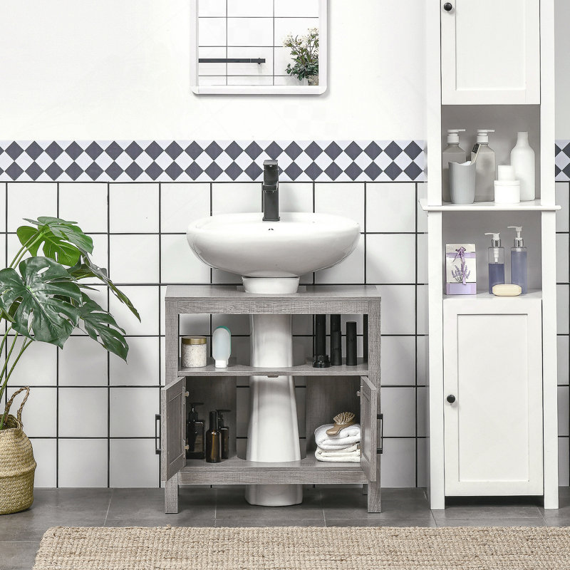 Armoire de rangement à piédestal, armoire de salle de bain sous le lavabo avec portes et tablette ouverte, meuble-lavabo