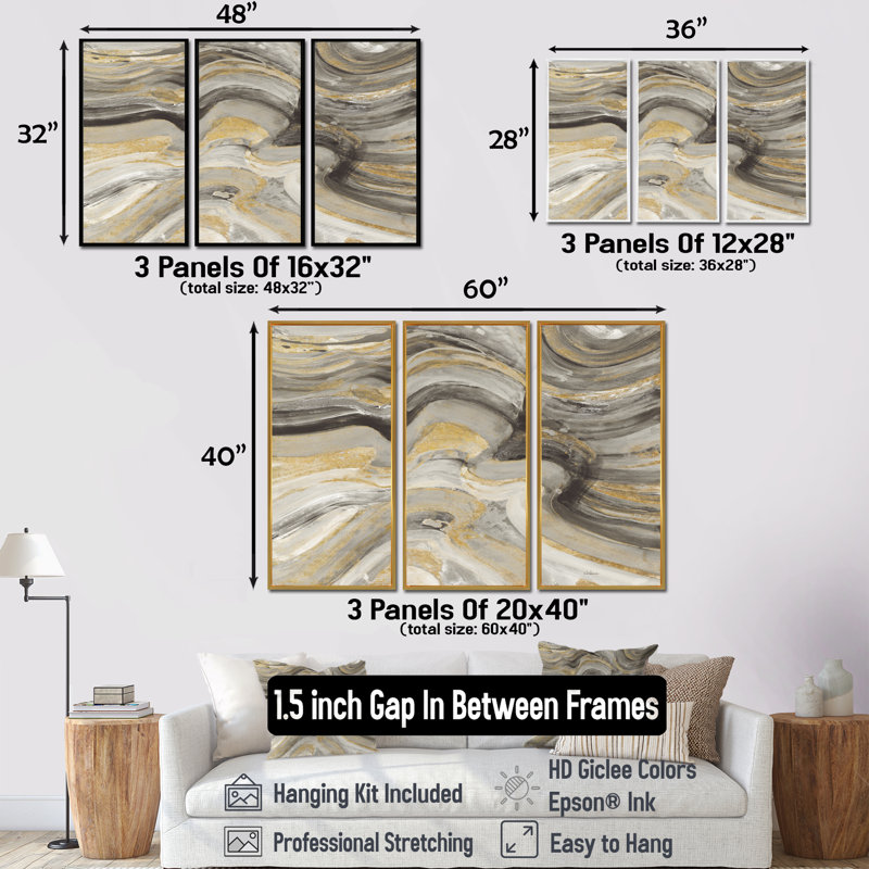 Glam Gold Canion - ensemble de 3 reproductions d'art moderne sur toile encadrées, H 28 po x l 36 po, Cadre flottant brun