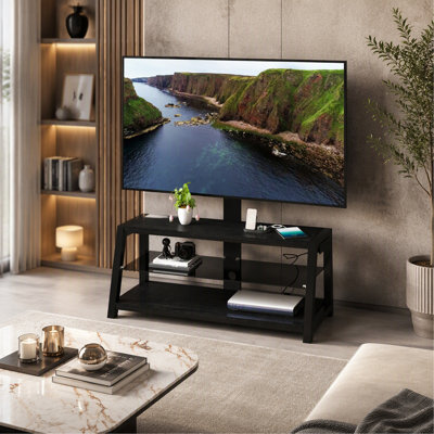 Wooden Storage TV Stand Black Tempered Glass Height Adjustable Universal Swivel Entertainment Center With Mount TV Stand
