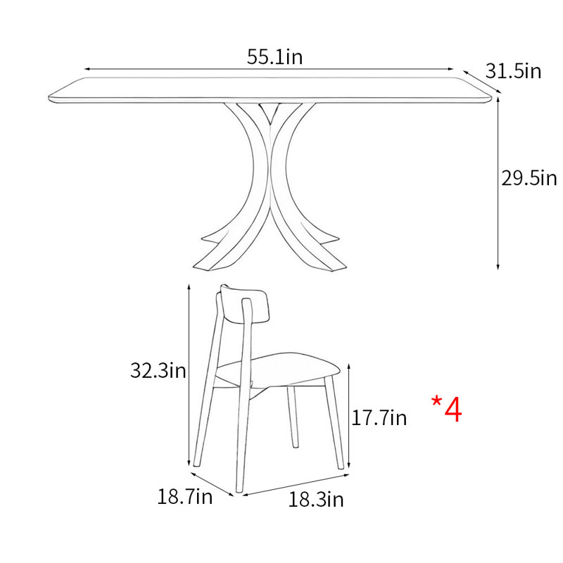 Italian style simple rectangular dining table sets, 29.5"H x 55.1"L x 31.5"W
