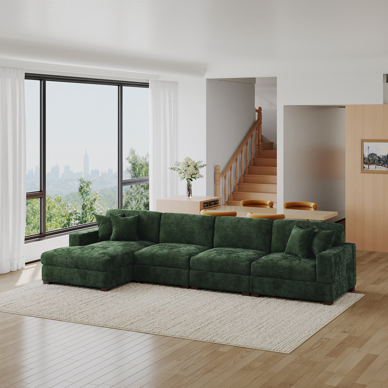 4 - Piece Upholstered Green Chenille Modular Sectional Sofa with Armrests & Throw Pillows, Left Hand Facing, Green Chenille
