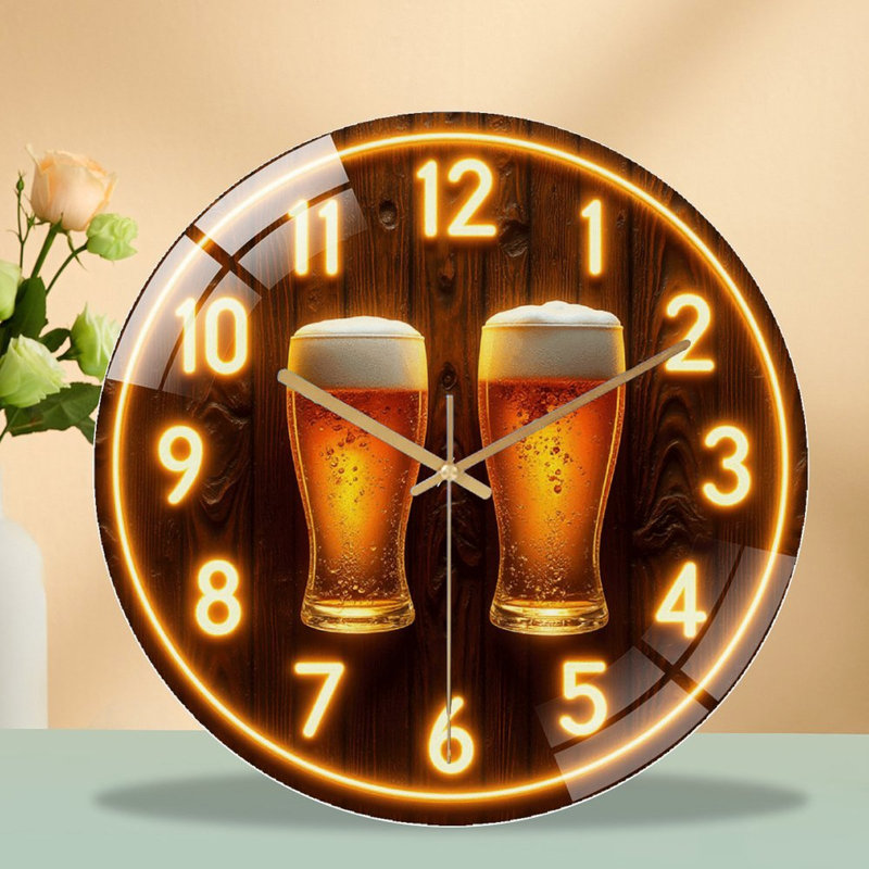 Led Neon Beer Clock Wall Decor for Home Bar Art - 12'' Modern Glass Wall Clock