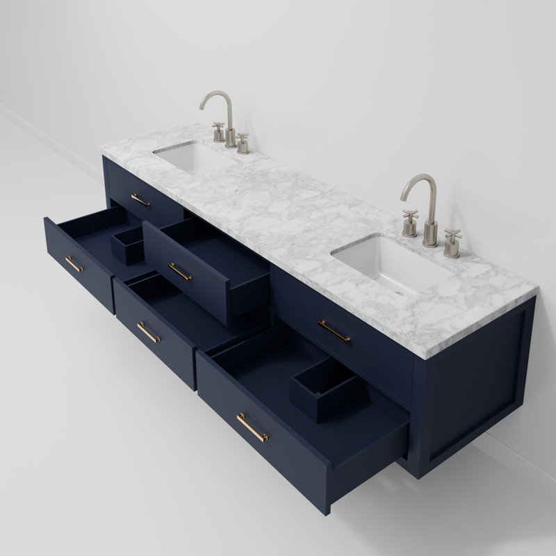 Ensemble de meuble-lavabo double mural 84 po Castor, Bleu, Marbre de Carrare blanc