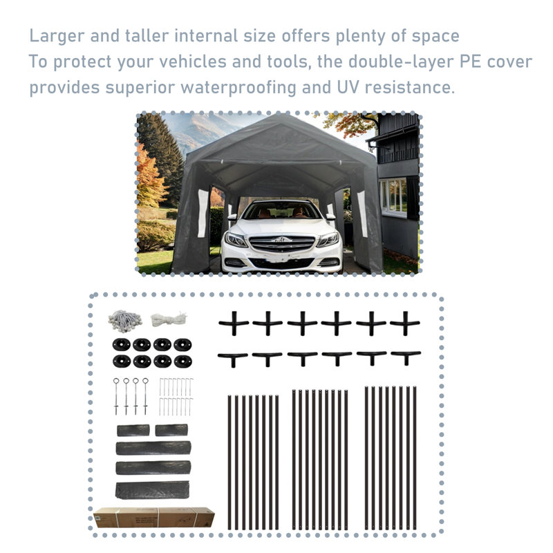 Heavy-Duty Outdoor Polypropylene Garage Shed, 112.91" H x 121.93" W x 241.91" D, Gray