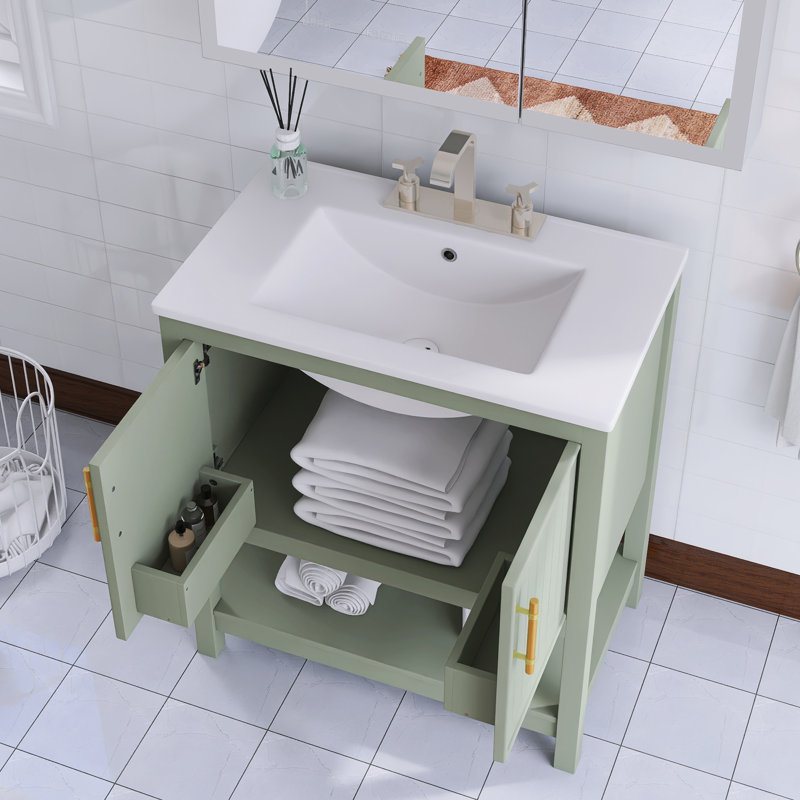 Meuble-lavabo simple autoportant de 30 po avec plateau intégré en céramique blanche, Vert