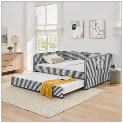 Full Size Gingham Upholstered 3-in-1 Convertible Sofa Bed with Pull-Out Trundle and Side Storage Pockets