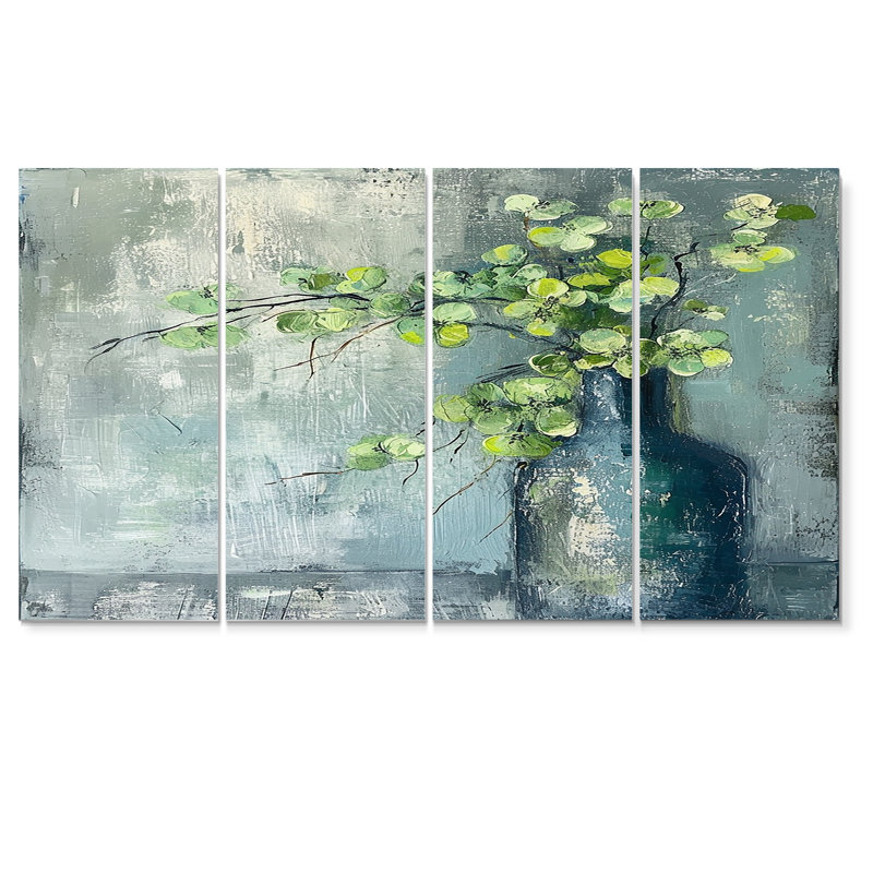 Bouquet de feuilles vertes rétro bleues - art abstrait de natures mortes pour le salon, 4 pièces, H 28 po x l 48 po