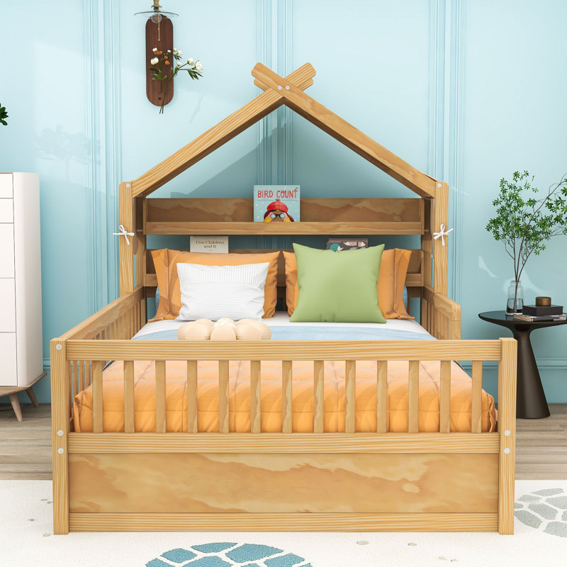 Wooden House Bed with Safety Guardrail, Natural, Full
