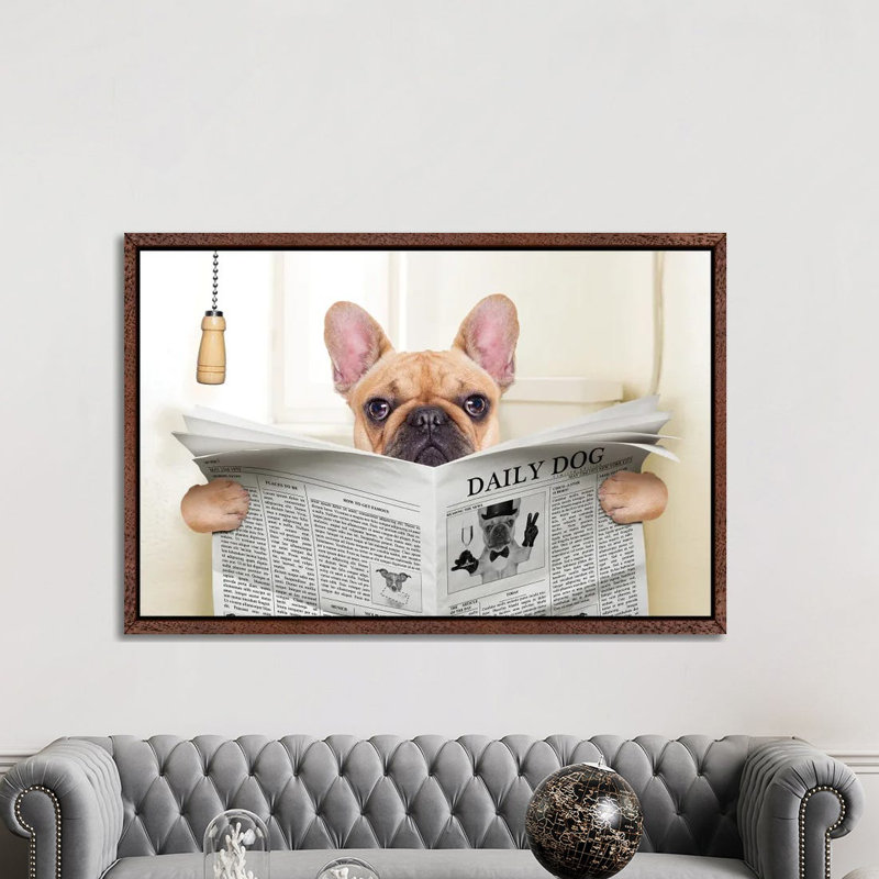 Dog On Toilet Seat Reading Newspaper V by Damedeeso - Print on Canvas, Classic Brown Wood Framed