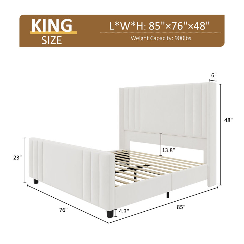 Cream Velvet King Platform Bed with Tufted Headboard
