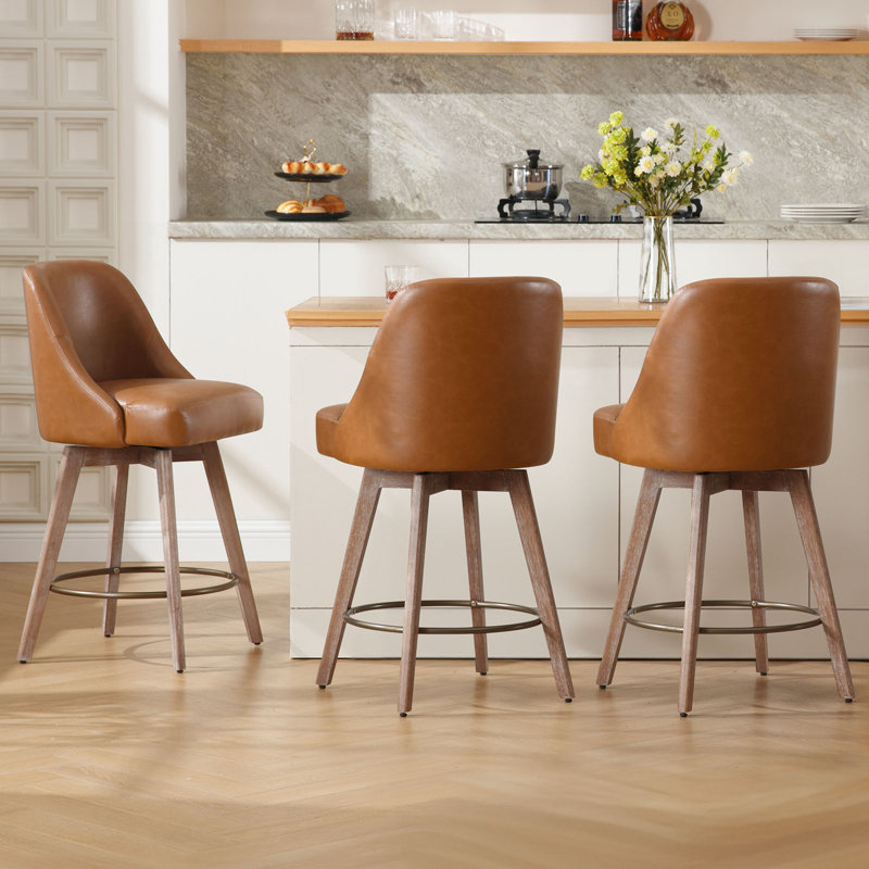 Brown Faux Leather Swivel Counter Stools with Wood Legs, Set of 3