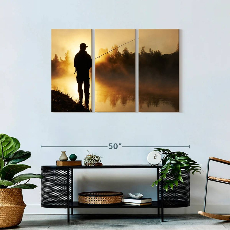 «Foggy Riverbank Fishing», 3 pièces sur toile, H 28 po x l 45 po x P 1,25 po