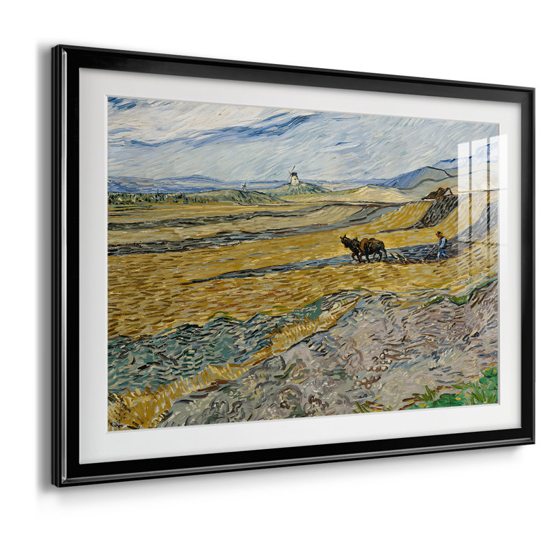 Enclosed Field with Plowman-Vincent van Gogh-Reproduction encadrée avec passe-partout et verre-1889, 26,5 x 36,5, Noir