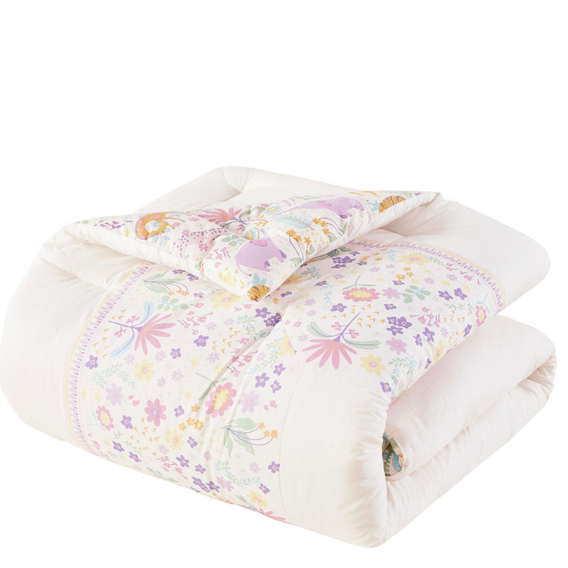 Édredon simple en coton 3 pièces avec motif floral réversible mauve, rembourrage et coussin lavable à la machine lavable à la machine