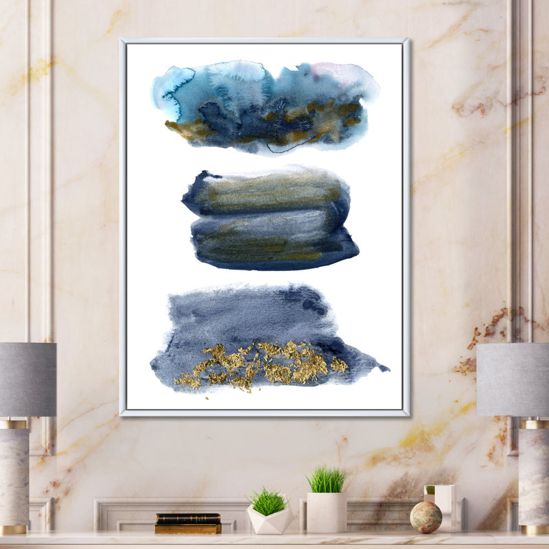 Aquatic Abstracts Clouds with Golden Touches - Peinture sur toile à cadre flottant, H 40 po x l 30 po x 1,5 po